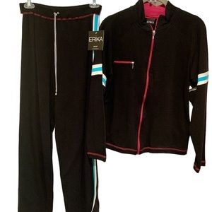 Two Piece Black Jogging Track Suit Zipper Jacket Pants Aqua Hot Pink Small NWT